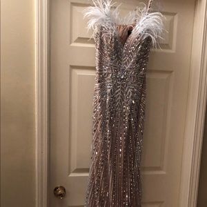 Terani Couture Blush with Ice Blue Feathers Gown